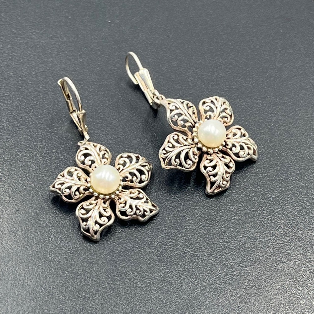 Sterling Silver 925 Floral Filigree Center‎ Pearl Dangle Earrings